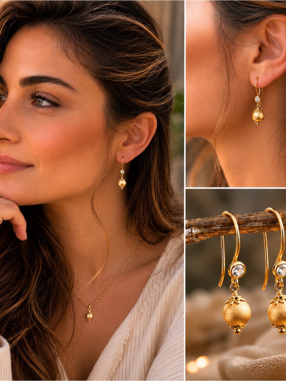 Handmade 18K Gold Diamond Drop Earrings Matte Gold Fine Jewelry